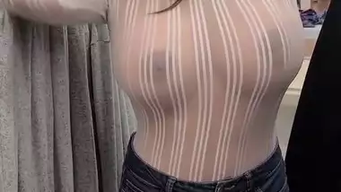 Sexy Wife Showing Boobs through Transparent Dress in Shopping Mall